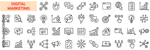 Digital Marketing Line Icons Set – Social Media, SEO, Online Advertising, Email Marketing, Analytics, Branding, Engagement, Targeting, Conversion, Strategy