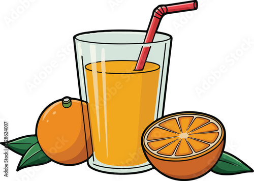 Orange juice healthy drink in glass and citrus fruit with leaf emblem clip art