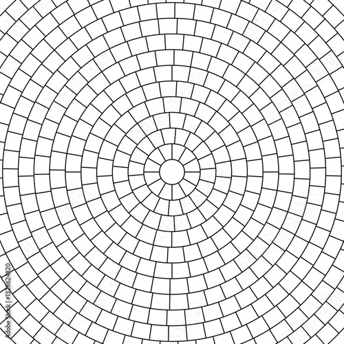 Paved circle pattern tile background. Circular brick mosaic. Round radial stone pavement. Paving tile simple floor texture. Black line. Vector illustration isolated on white background.