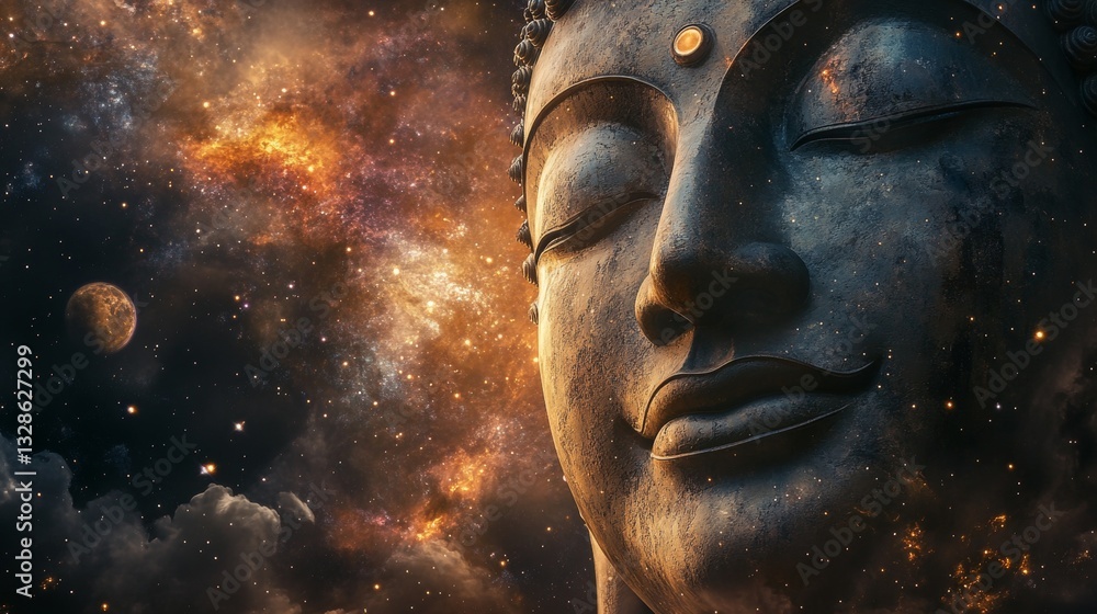 The face of the great Buddha is blended into the universe. The background is clouds, stars and galaxies. The face of the great Buddha is blended into the universe. The background is clouds, stars and galaxies.