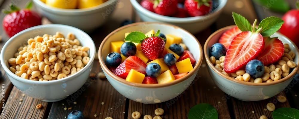 A colorful array of gluten free cereal bowls filled with healthy grains and fruits on a wooden table, gluten free, cereal A colorful array of gluten free cereal bowls filled with healthy grains and fruits on a wooden table, gluten free, cereal