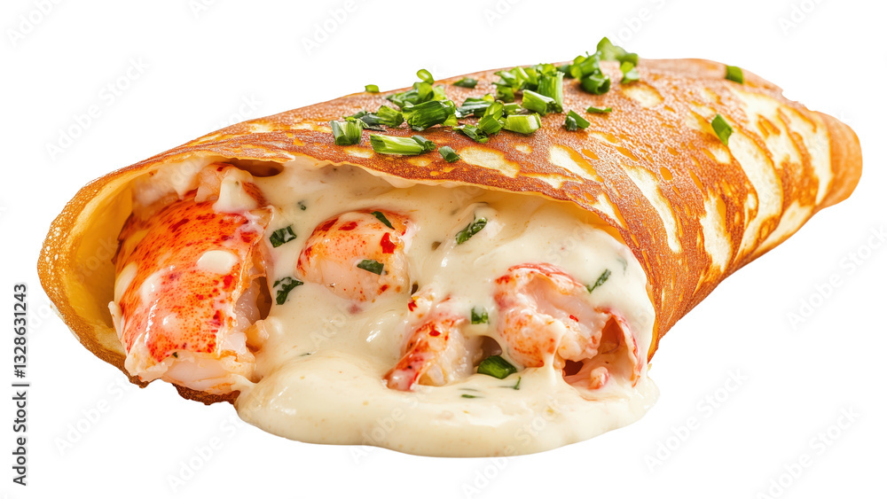 A gourmet lobster crepe filled with creamy cheese sauce