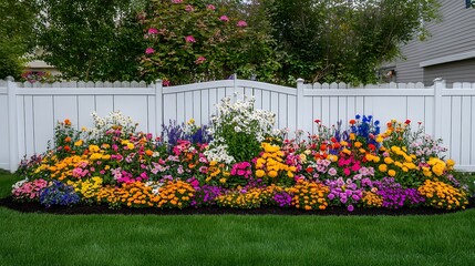 Vibrant Summer Flower Garden Bed Against White Fence AI Generated