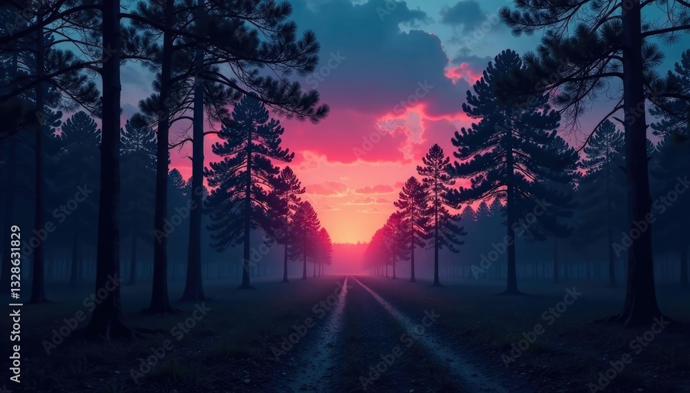 Fototapeta premium Empty forest at twilight with only trees visible against the sky, emptiness, vastness, calm