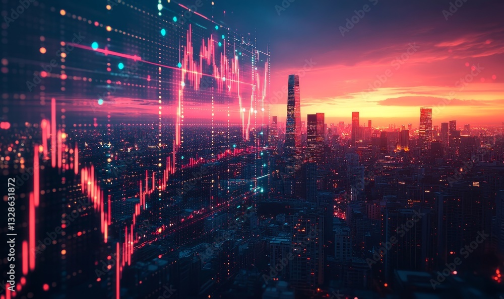 city skyline with stock market data overlayed at sunset city skyline with stock market data overlayed at sunset
