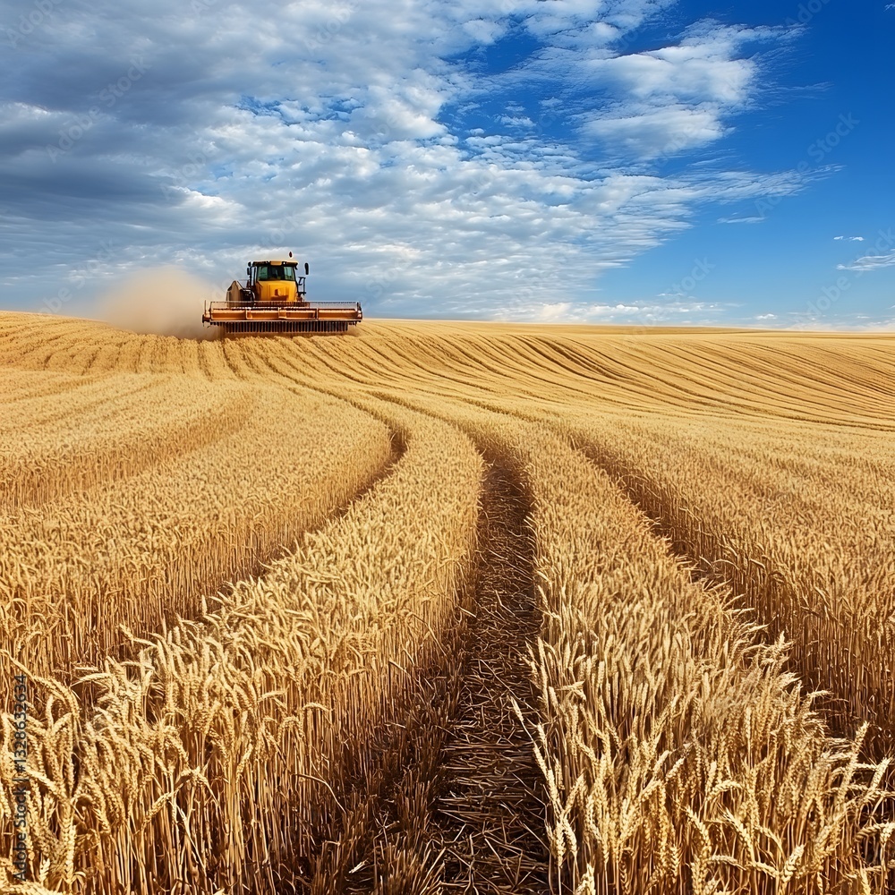 Obraz premium Harvesting machine collecting grain from an endless wheat field
