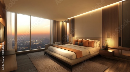 Elegant High-End Hotel Room with Panoramic City View and Cozy Atmosphere