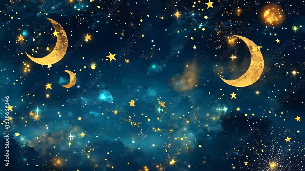 A whimsical and artistic illustration of a deep blue night sky adorned with golden crescent moons and twinkling stars. The celestial scene exudes a magical and dreamy atmosphere, perfect for fantasy A whimsical and artistic illustration of a deep blue night sky adorned with golden crescent moons and twinkling stars. The celestial scene exudes a magical and dreamy atmosphere, perfect for fantasy