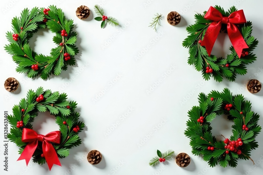 Evergreen branch wreaths adorned with pinecones and ribbon, evergreen, holly Evergreen branch wreaths adorned with pinecones and ribbon, evergreen, holly