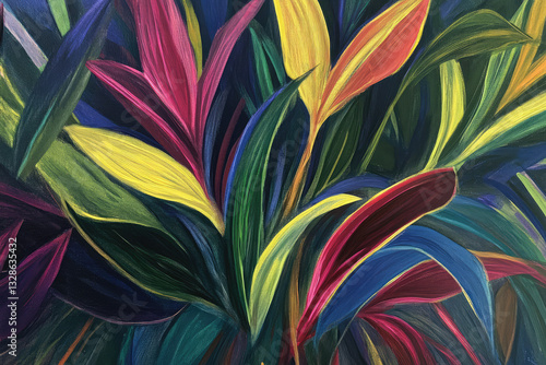 Vibrant leaves in shades of yellow, red, and green create a lively display, showcasing the beauty of tropical plants in a garden, highlighting their lush textures and colors.