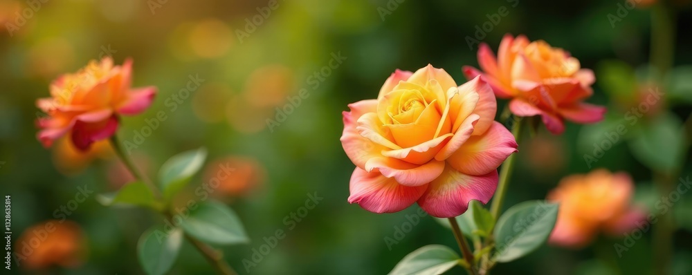Orange yellow pink rose flowers blooming in garden, garden, blossoms, roses