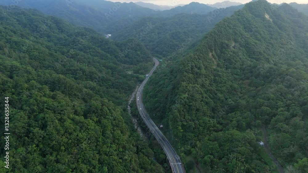 Drone shot of mountains and a highway near Shifen, Taiwan Drone shot of mountains and a highway near Shifen, Taiwan