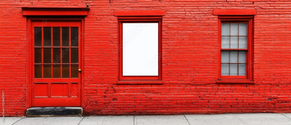 A vibrant red brick facade features a door and windows A vibrant red brick facade features a door and windows