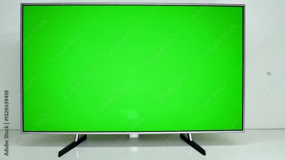 green screen on television sits alone in a minimalistic white studio green screen on television sits alone in a minimalistic white studio