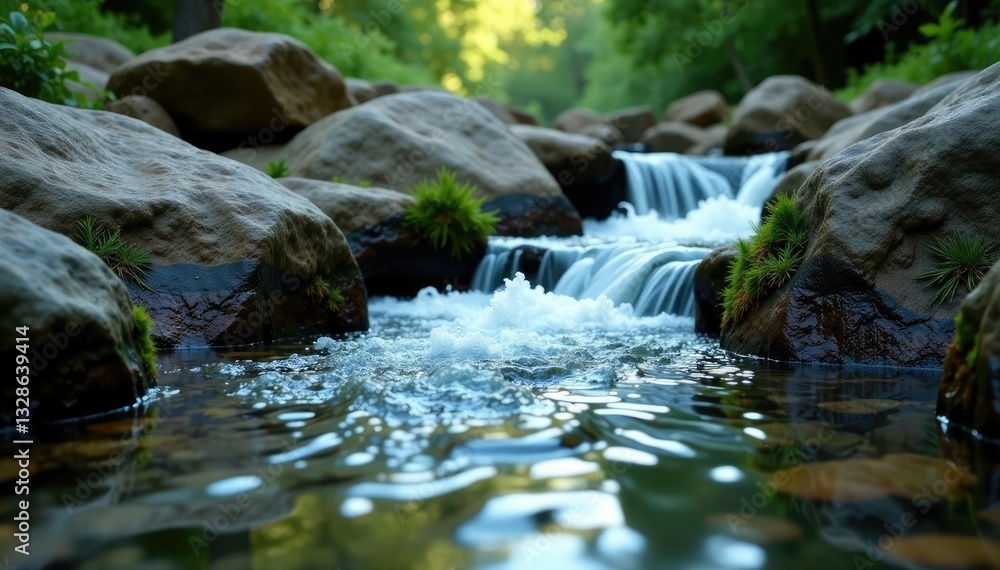 Soothing stream water cascading down rocky terrain, Rocky Landscape, Calming Waters Soothing stream water cascading down rocky terrain, Rocky Landscape, Calming Waters