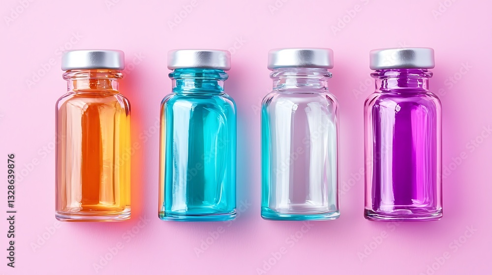 Row of colorful liquid filled vials on a pink surface Row of colorful liquid filled vials on a pink surface