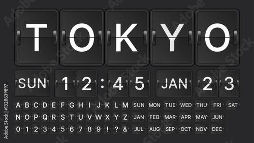 Realistic Airport Flip and Scoreboard: Creative Vector Illustration Featuring Alphabet, Month, Date, Days of the Week, Time and Numbers in an Analog Timetable Font on Transparent Background. 