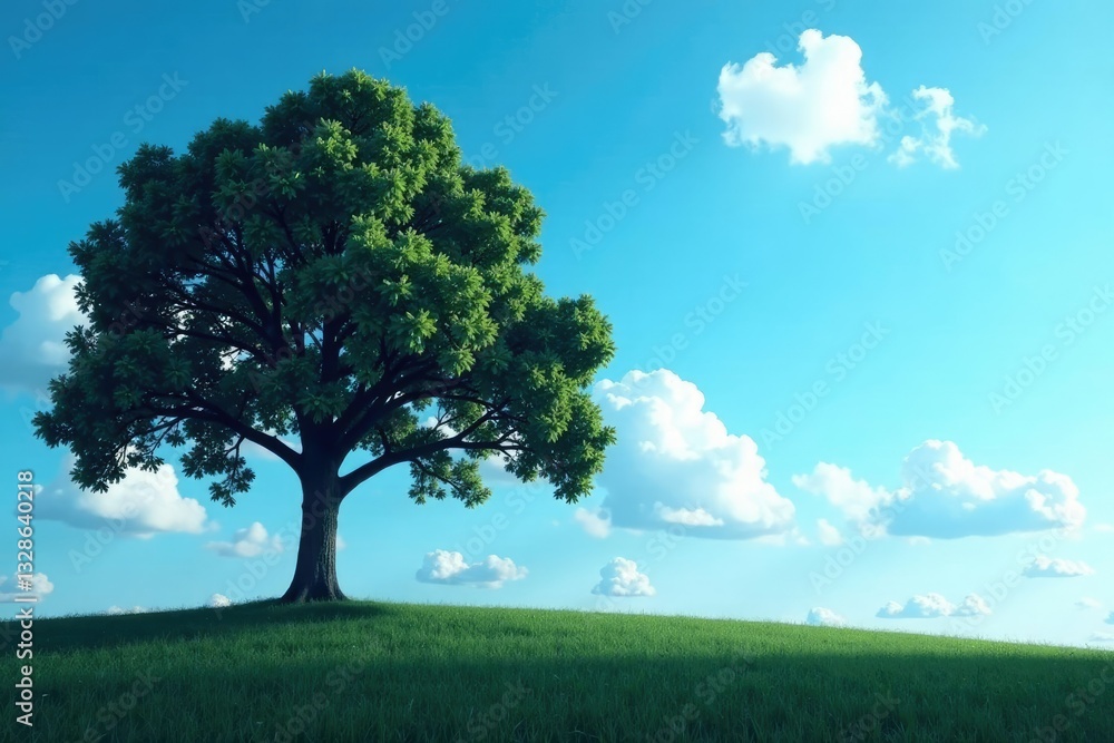 Obraz premium Tree silhouetted against a bright blue sky with fluffy white clouds, light, cloud