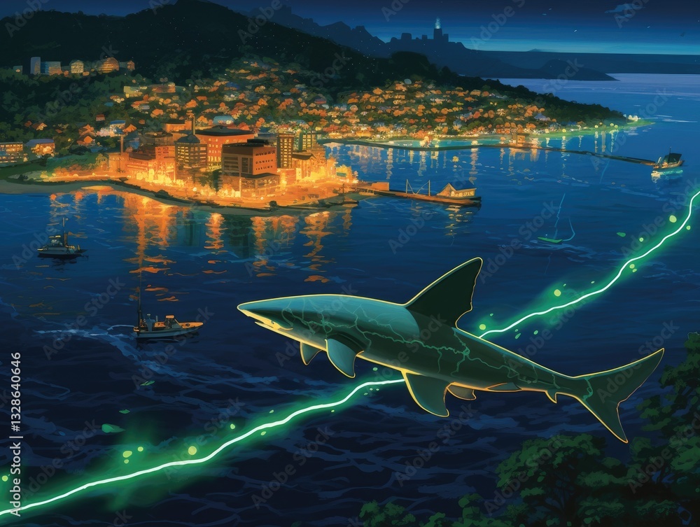 Fototapeta premium Nighttime shark glides over glowing path near coastal town