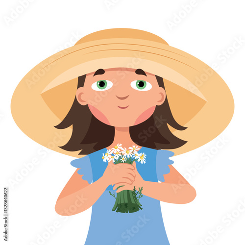 A girl with a bouquet of daisies on a white background
