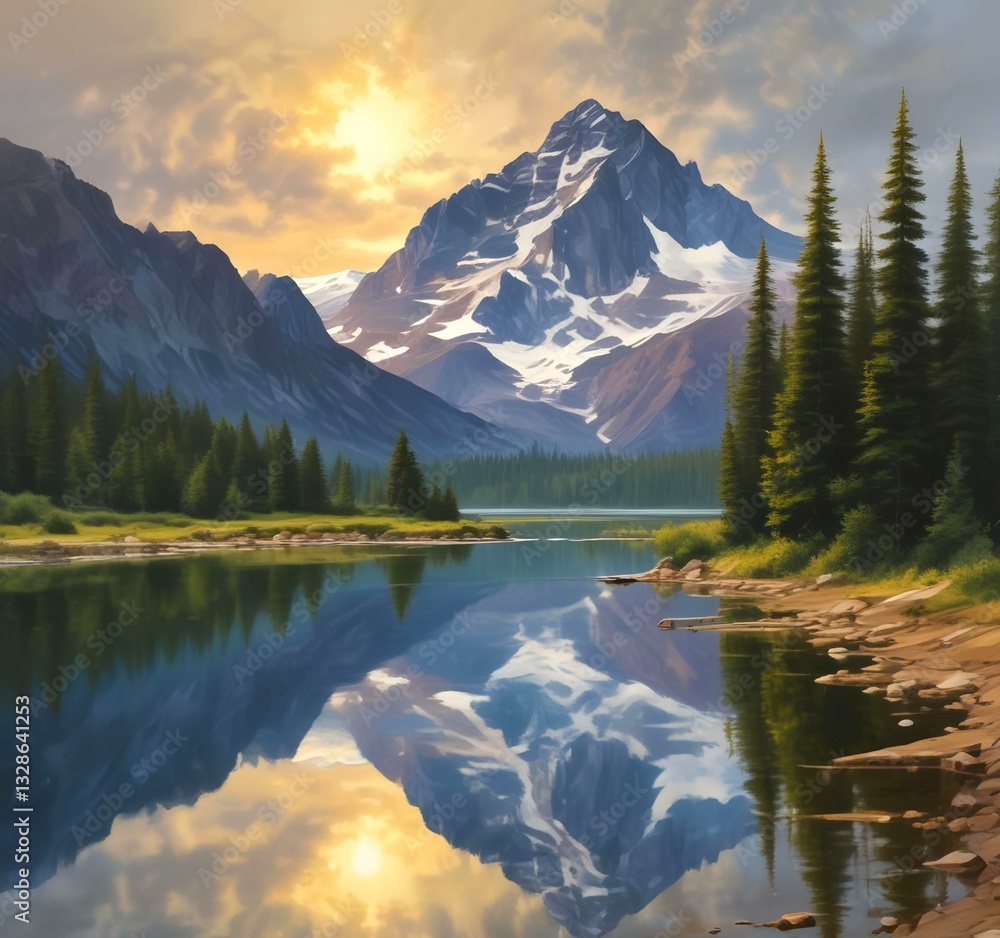 Naklejka premium Illustration of lake landscape with mountain and water reflection.