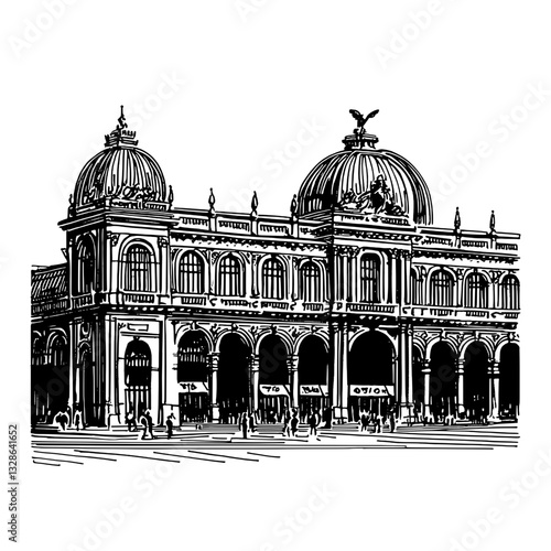 Intricate vector illustration of a historic building featuring elegant domes and arches designed for tattoo and packaging purposes