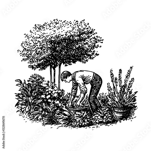 Engraved illustration of a gardener tending flowers in a lush backyard garden with trees and plants