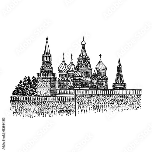 Engraved vector illustration of a historic Russian castle with detailed towers and domes captured in an artistic tattoo style