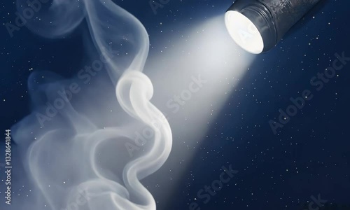 Shining Flashlight Illuminating Flowing Smoke on a Starry Night