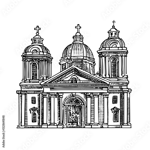 Intricate engraved illustration of a grand historical cathedral with domes and cross embellishments