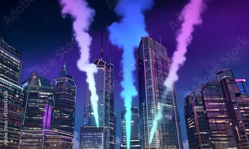 Animated Cityscape at Night with Colorful Smoke Rising From Buildings