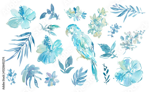Fototapeta Naklejka Na Ścianę i Meble -  Watercolor PNG illustration set featuring abstract blue hibiscus flowers , monstera, tropical leaves and a parrot. Hand-drawn clipart set of tropical flowers and bird with a transparent background.