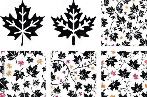 Black & White Maple Leaf Vector Graphics: Canadian Symbol, Autumn Foliage, Nature Pattern Design Elements for Print & Digital Projects