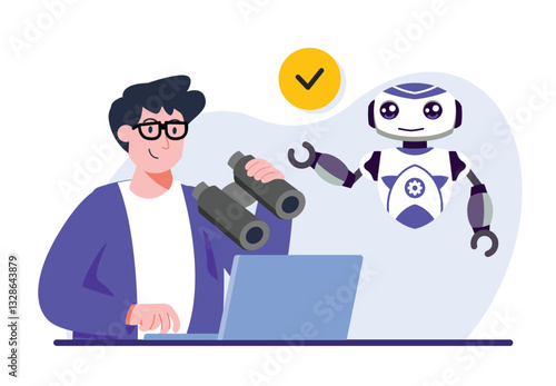 Person Observing with Binoculars while Interacting with Friendly Robot Assistant