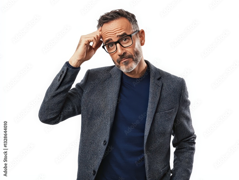 Pensive businessman thinking scratching his head trying to find solution isolated on white background Pensive businessman thinking scratching his head trying to find solution isolated on white background