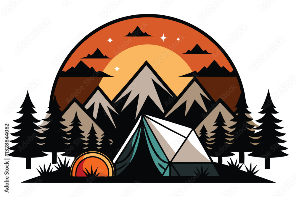 Obraz premium Camping in the mountains sunset scene vector illustration