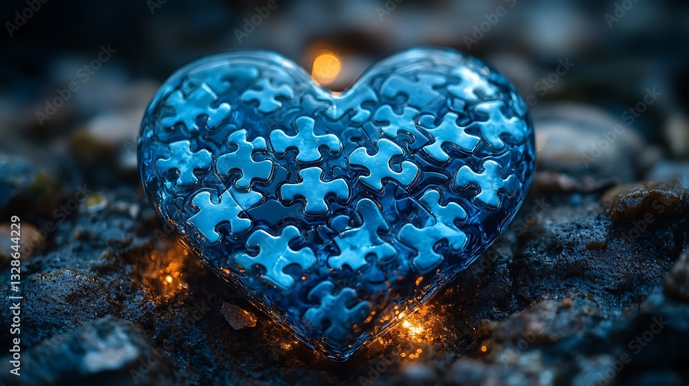 Fototapeta premium Elegant Heart Puzzle Glass Effect Fantasy Art Glowing Blue Light