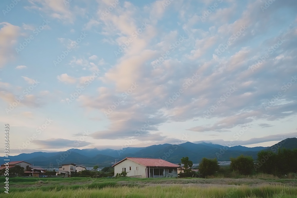 Suburban house faces horizon with clouds, mountains. Use Real estate, lifestyle Suburban house faces horizon with clouds, mountains. Use Real estate, lifestyle