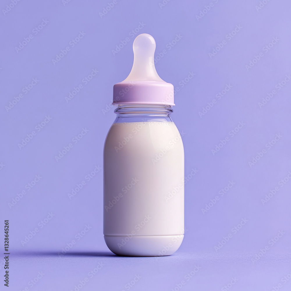 feeding bottle with milk for baby, isolated on light violet blue background, bluer baby's room feeding bottle with milk for baby, isolated on light violet blue background, bluer baby's room