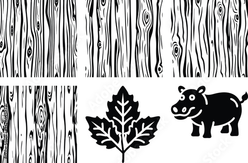 Black and White Wood Grain Texture Patterns, Maple Leaf Silhouette, and Cartoon Hippo Illustration Set