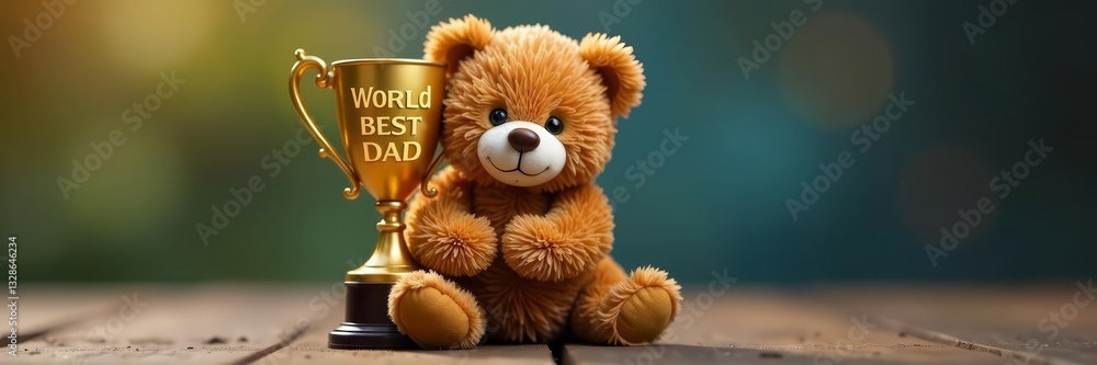 Cute stuffed bear hugging a miniature trophy with Cute stuffed bear hugging a miniature trophy with