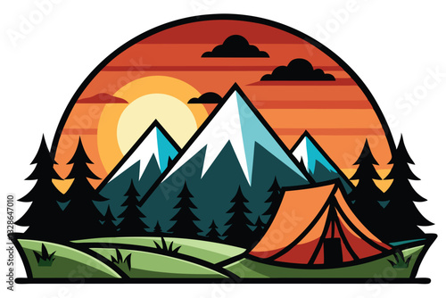 camping in the mountains T-shirt design with sunset