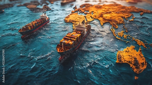 Conceptual image showcasing international logistics network with small cargo ships placed on a geopolitical map representing worldwide shipping and trade activities across the global economy photo