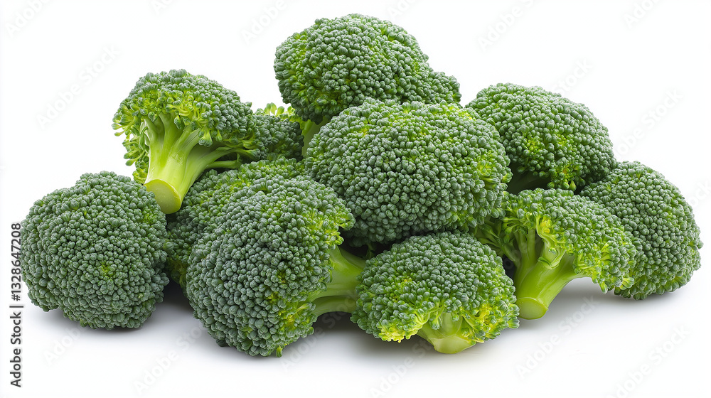 Fresh Broccoli Pile with Bright Green Florets and Stems on White Background Fresh Broccoli Pile with Bright Green Florets and Stems on White Background