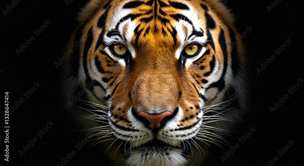 Naklejka premium A powerful and intense close-up of a Bengal tiger's face, its piercing amber eyes staring directly ahead.