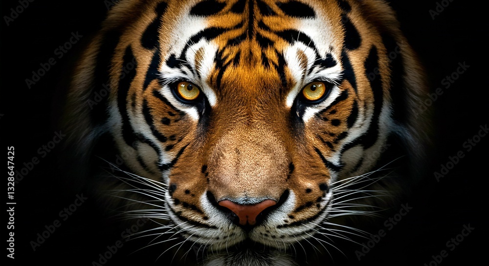 Fototapeta premium A powerful and intense close-up of a Bengal tiger's face, its piercing amber eyes staring directly ahead. 