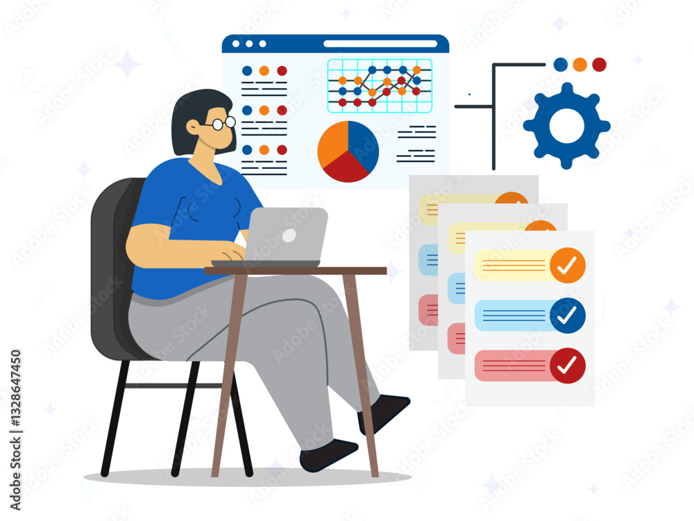 Woman with data at laptop. Young girl evaluates statistics and infographics. Analyzing financial statistics, business people working for data analytics and monitoring with document report. Woman with data at laptop. Young girl evaluates statistics and infographics. Analyzing financial statistics, business people working for data analytics and monitoring with document report.