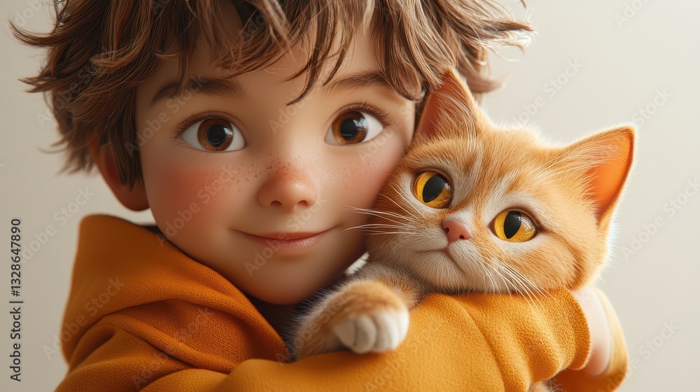 A cheerful child with curly hair embraces a fluffy orange cat in a bright, comfortable room. The bond between them radiates warmth and happiness, showcasing their playful connection A cheerful child with curly hair embraces a fluffy orange cat in a bright, comfortable room. The bond between them radiates warmth and happiness, showcasing their playful connection