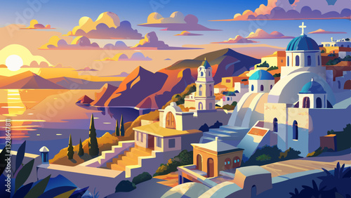 Beautiful panorama view of Santorini island in Greece at sunrise with dramatic sky.