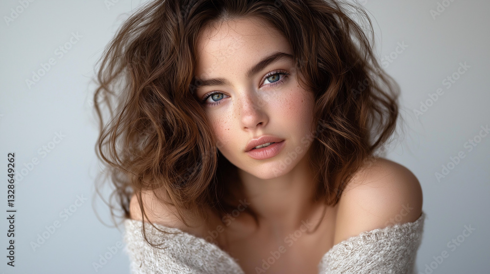 Close-up portrait of young woman with curly hair and natural makeup against a neutral background Close-up portrait of young woman with curly hair and natural makeup against a neutral background